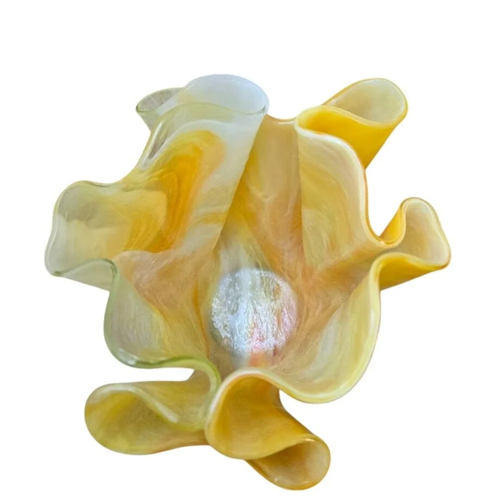 VTG Bright Yellow‎ & White Swirled Handkerchief - Folded Glass Vase 7
